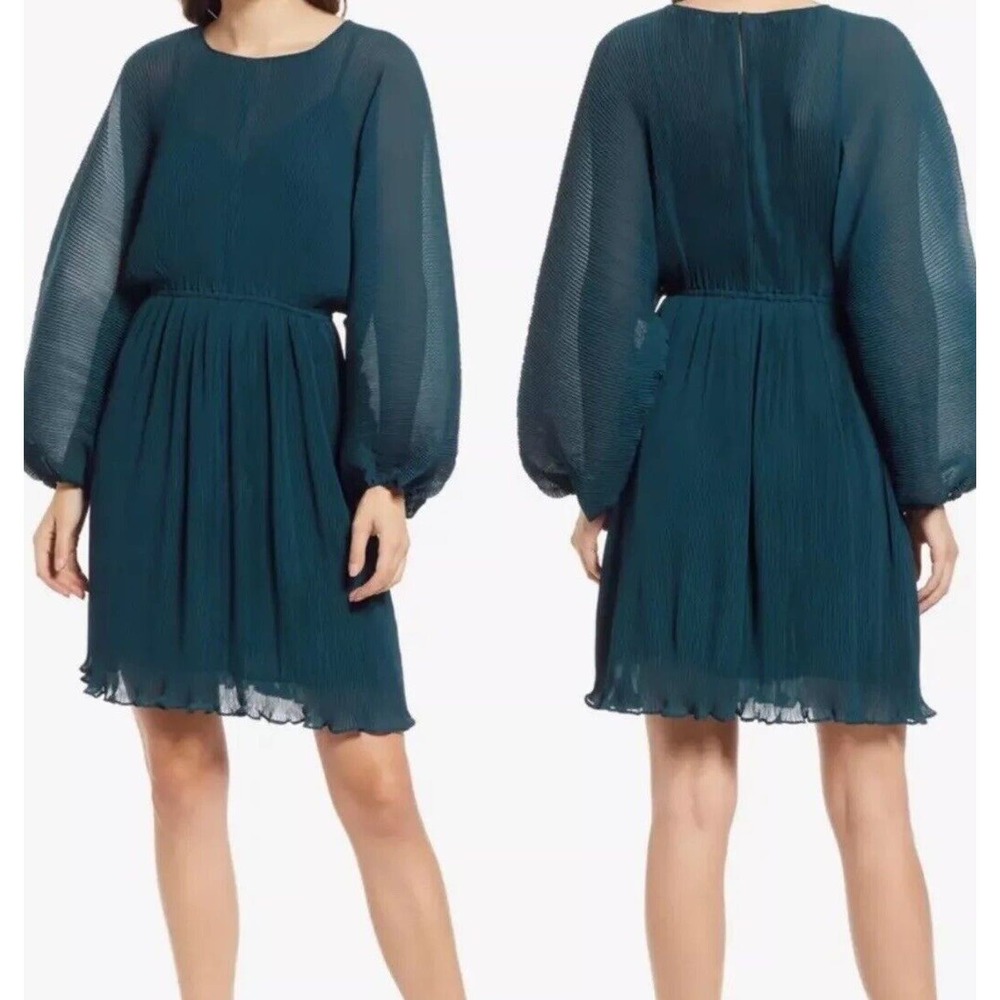 Floret Studios Pleated Balloon Long Sleeve Minidress Green Size Small NWT